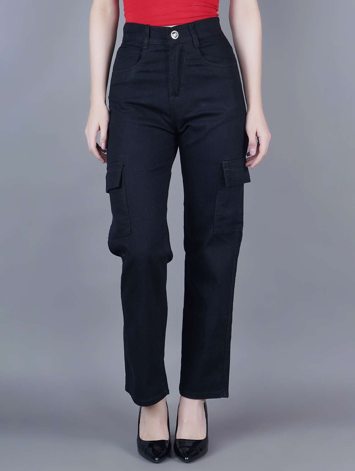 women solid mid rise denim cargo