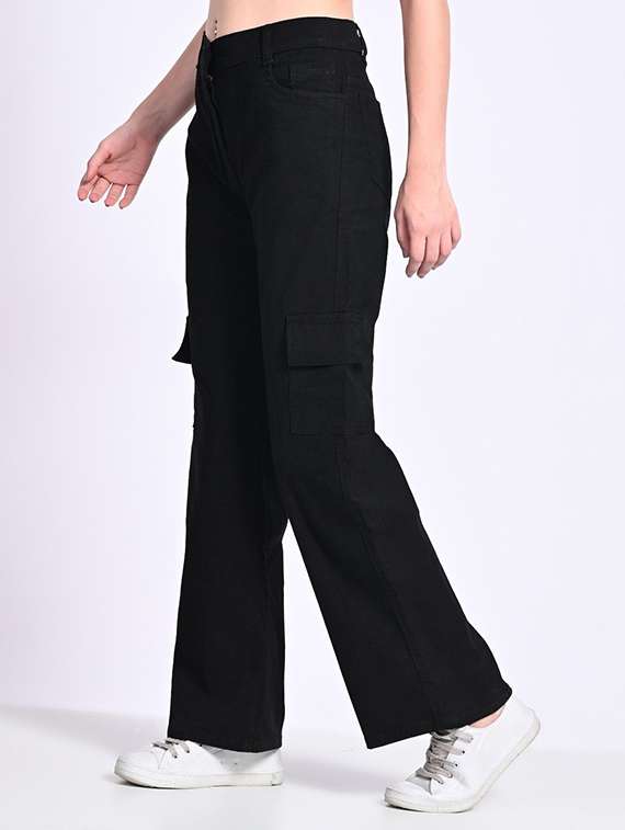 women solid mid rise denim cargo