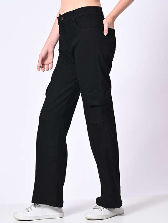 women solid high rise denim cargo