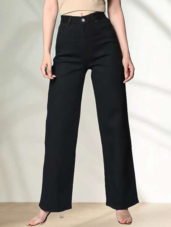 women solid high rise wide leg jeans