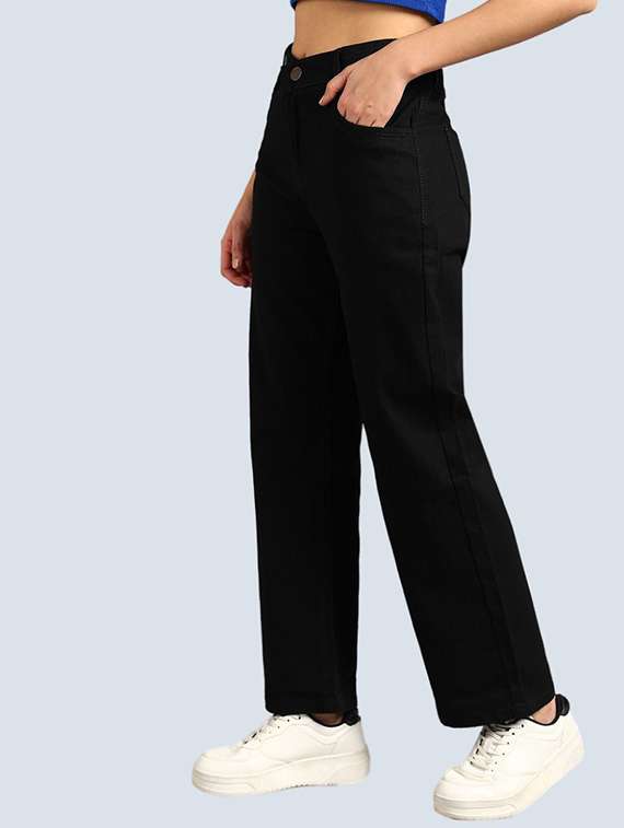 women solid high rise straight fit jean