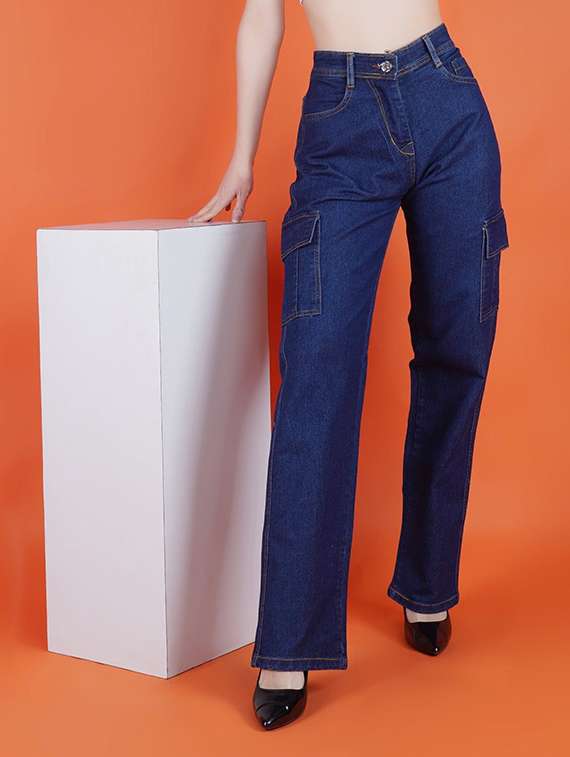 women solid high rise denim cargo