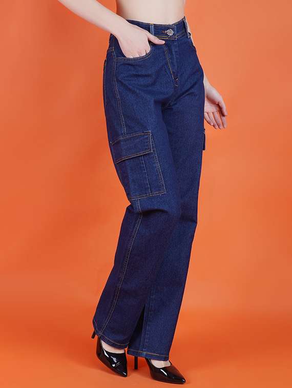 women solid high rise denim cargo