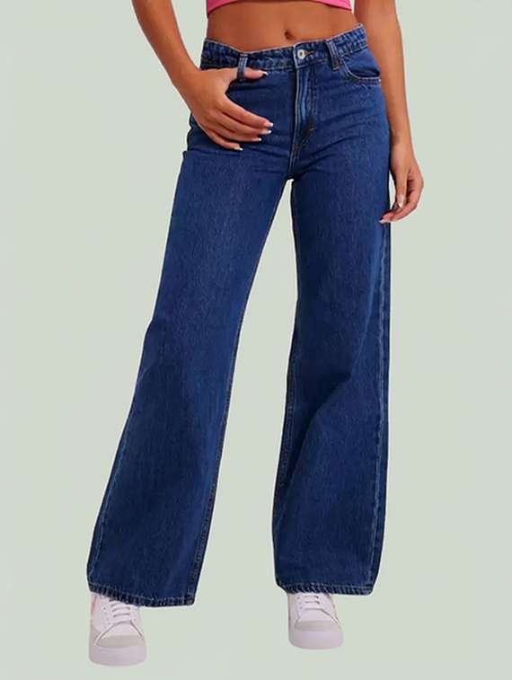 women solid high rise wide leg jean
