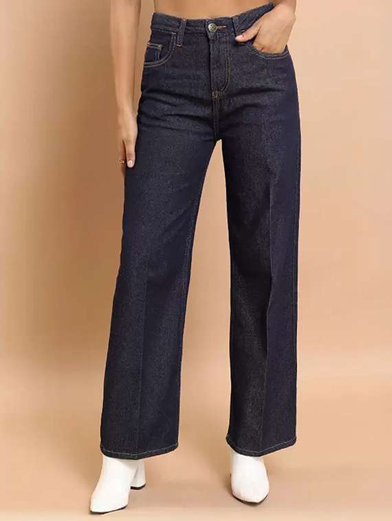 women solid high rise wide leg jeans