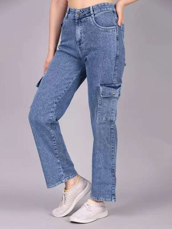 women solid high rise denim cargo