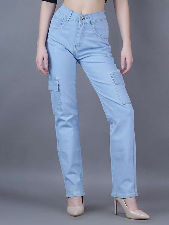 women solid high rise denim cargo