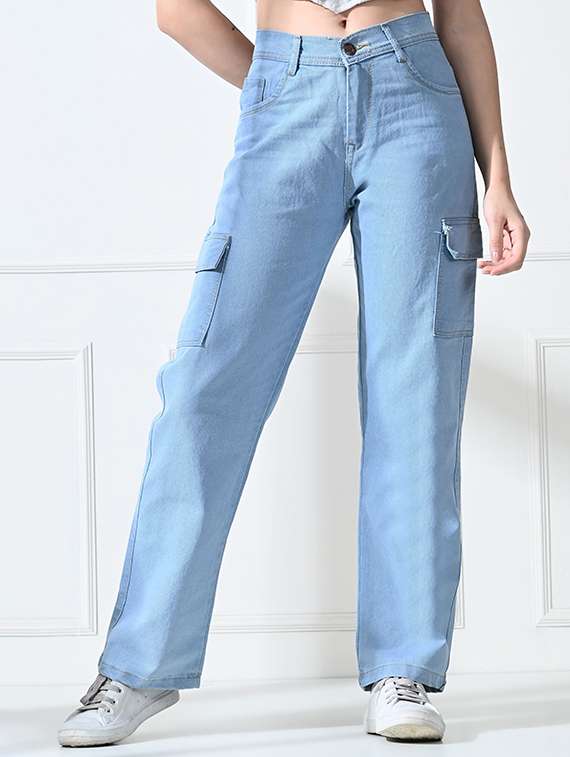 women solid high rise denim cargo