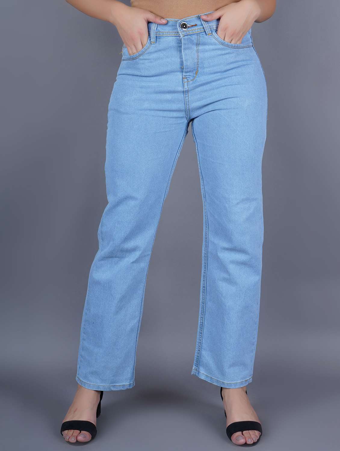 women solid high rise straight fit jean