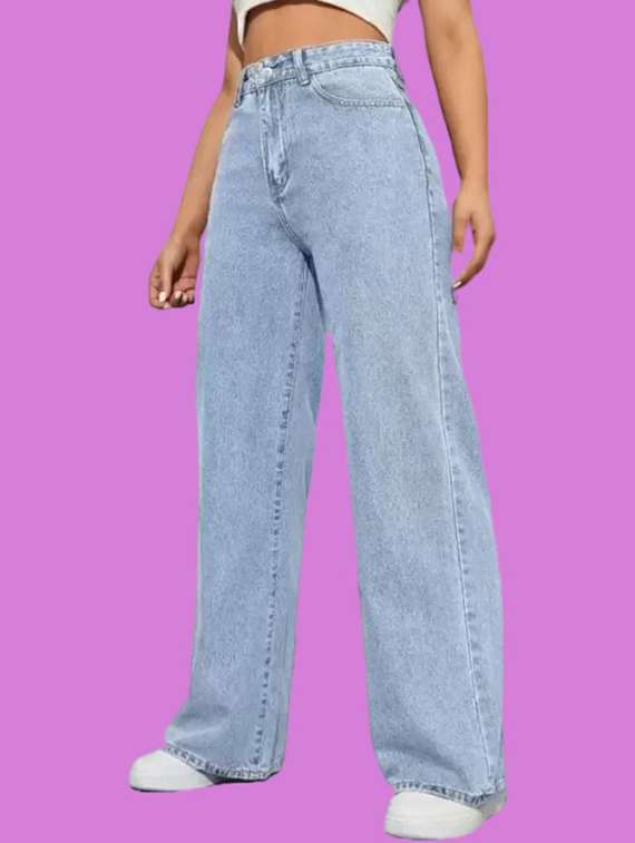 women solid high rise baggy jean