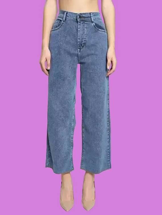 women solid high rise wide leg jean