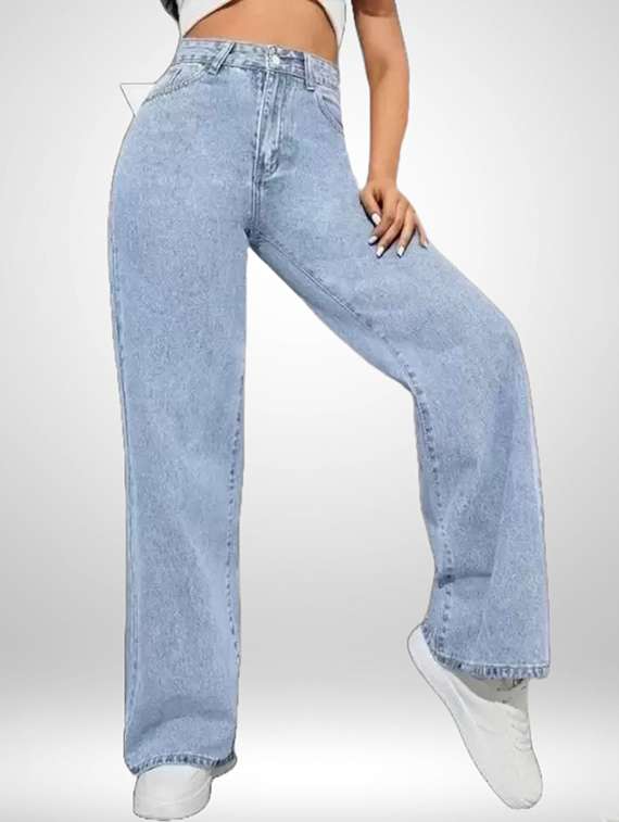 women solid high rise baggy jean