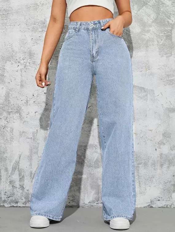women solid high rise baggy jean