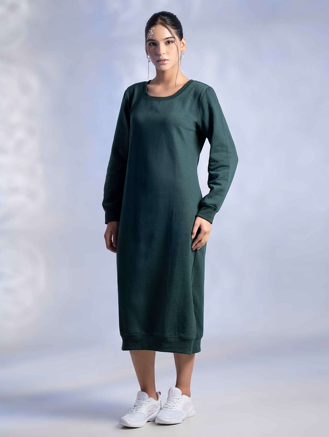 women solid long sleeve woolen t-shirt dress