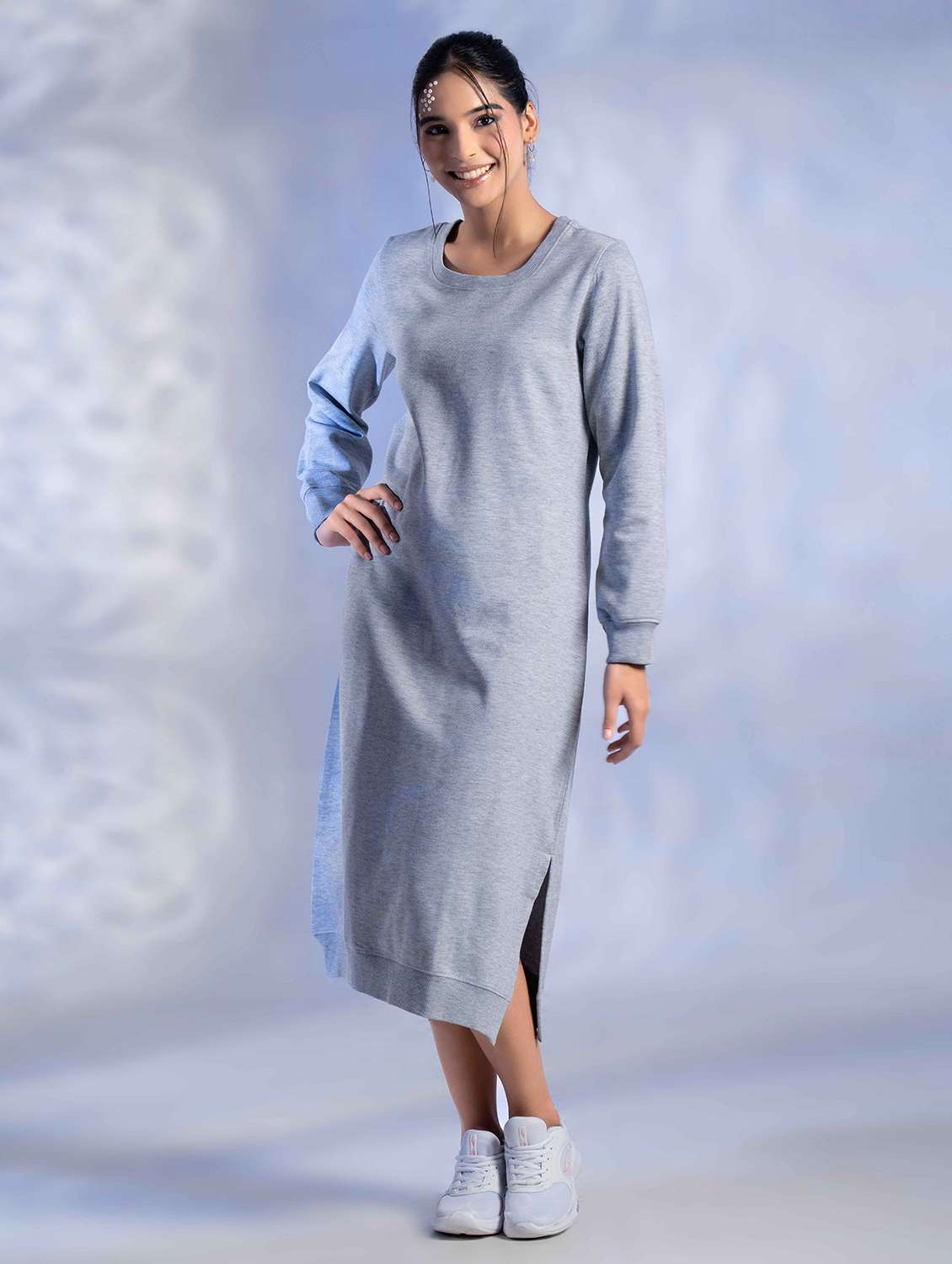women solid long sleeve woolen t-shirt dress