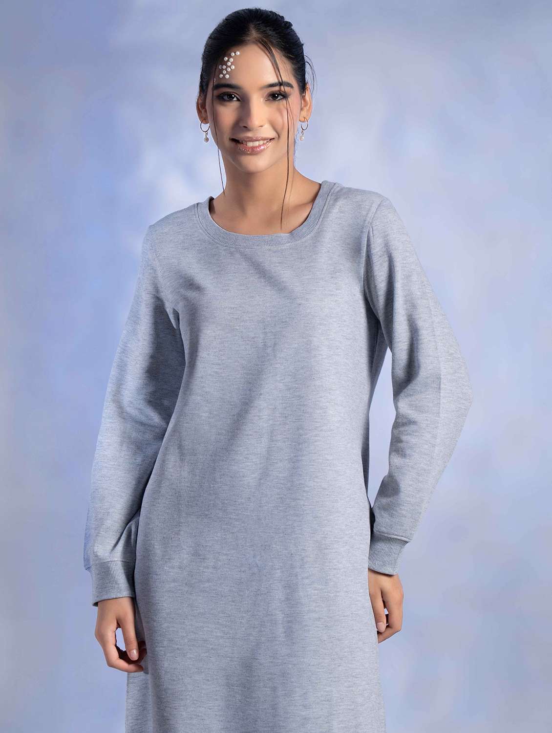 women solid long sleeve woolen t-shirt dress - 22242049 -  Standard Image - 3