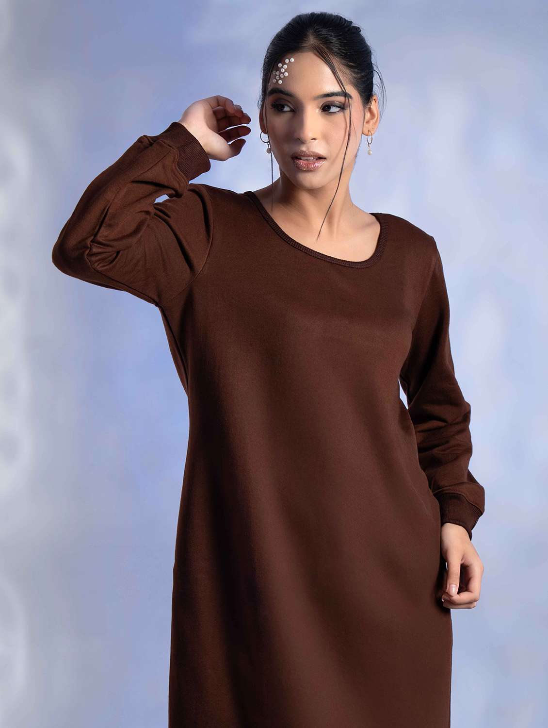 women solid long sleeve woolen t-shirt dress - 22242050 -  Standard Image - 3