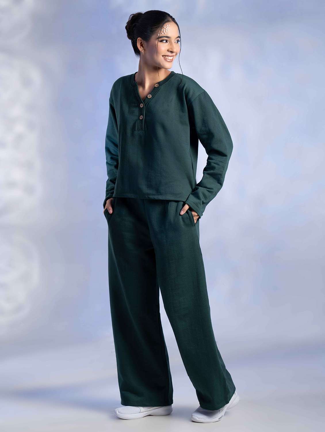 women solid long sleeve winter wear co-ord set