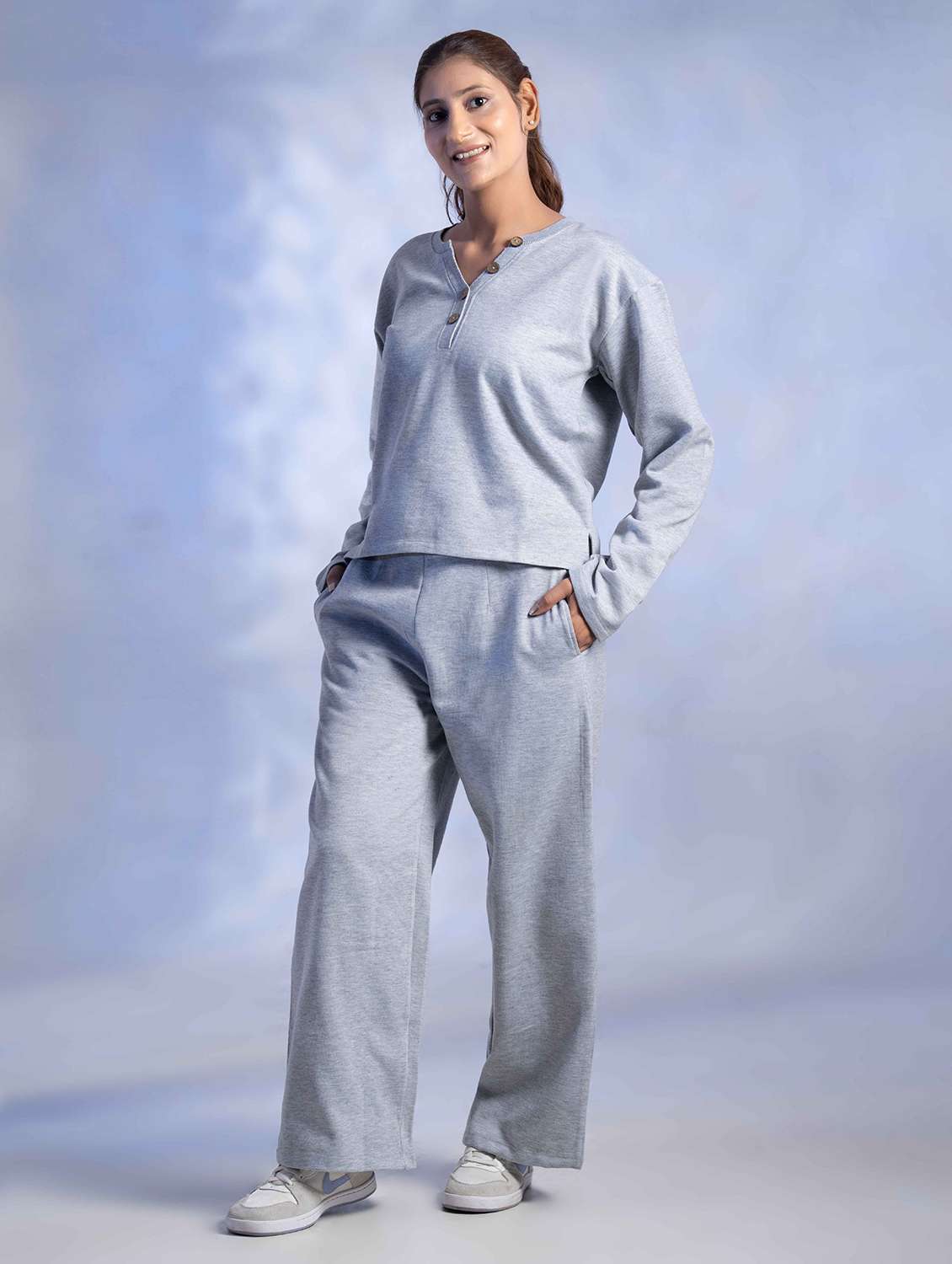 women solid long sleeve winter wear co-ord set