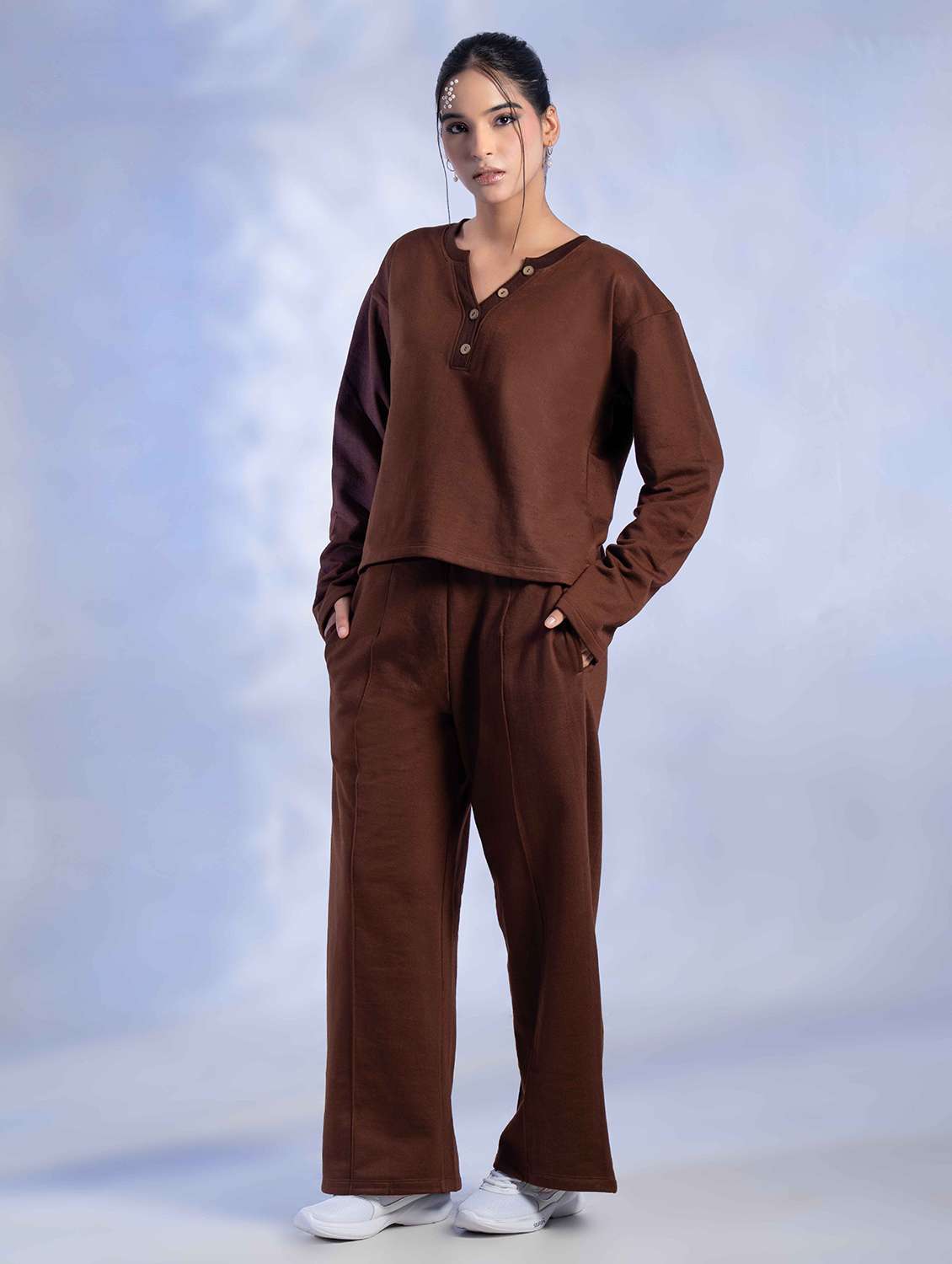 women solid long sleeve winter wear co-ord set