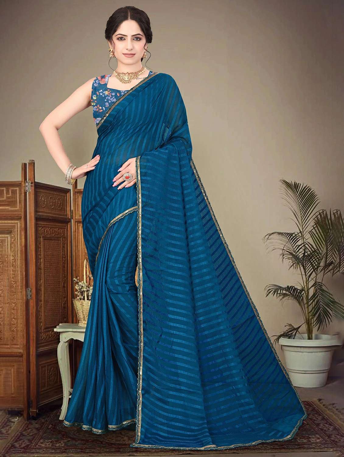 women striped printed saree with blouse