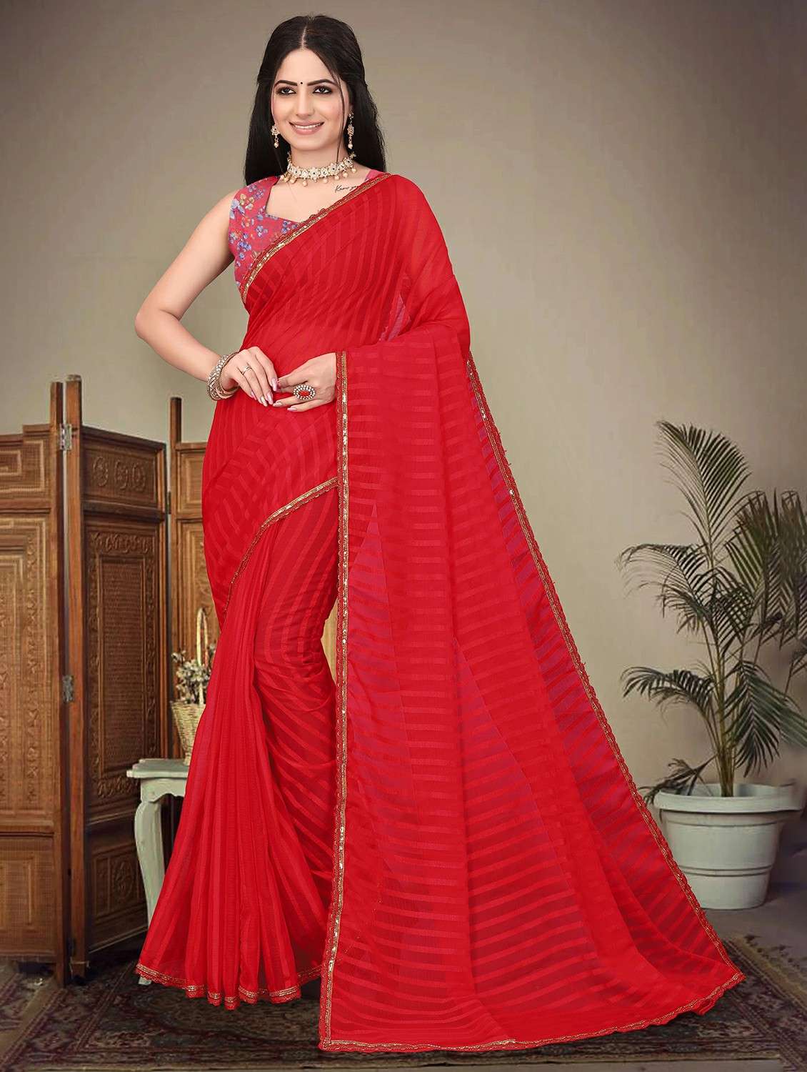 women striped printed saree with blouse