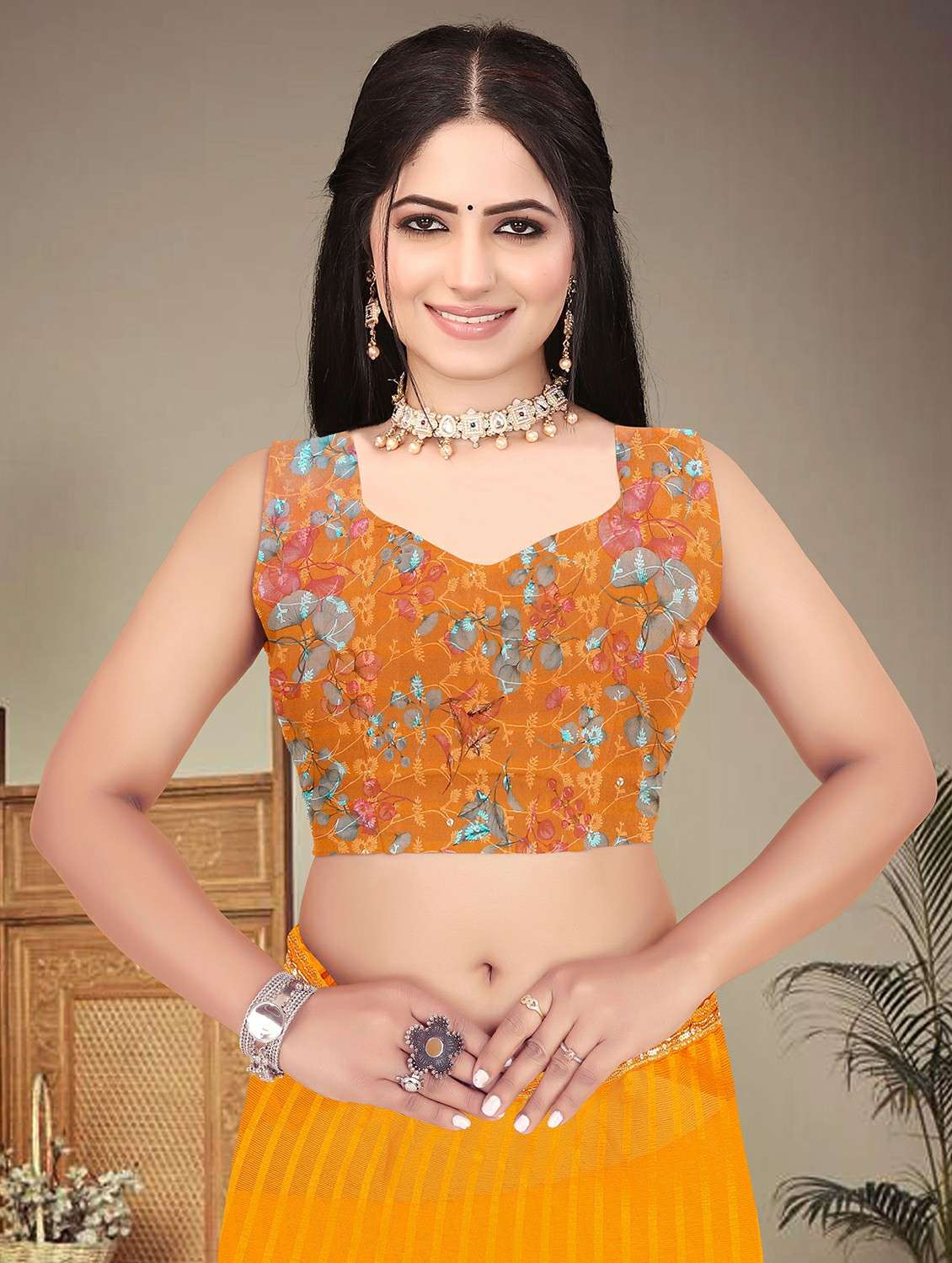 women striped printed saree with blouse - 22243559 -  Standard Image - 5