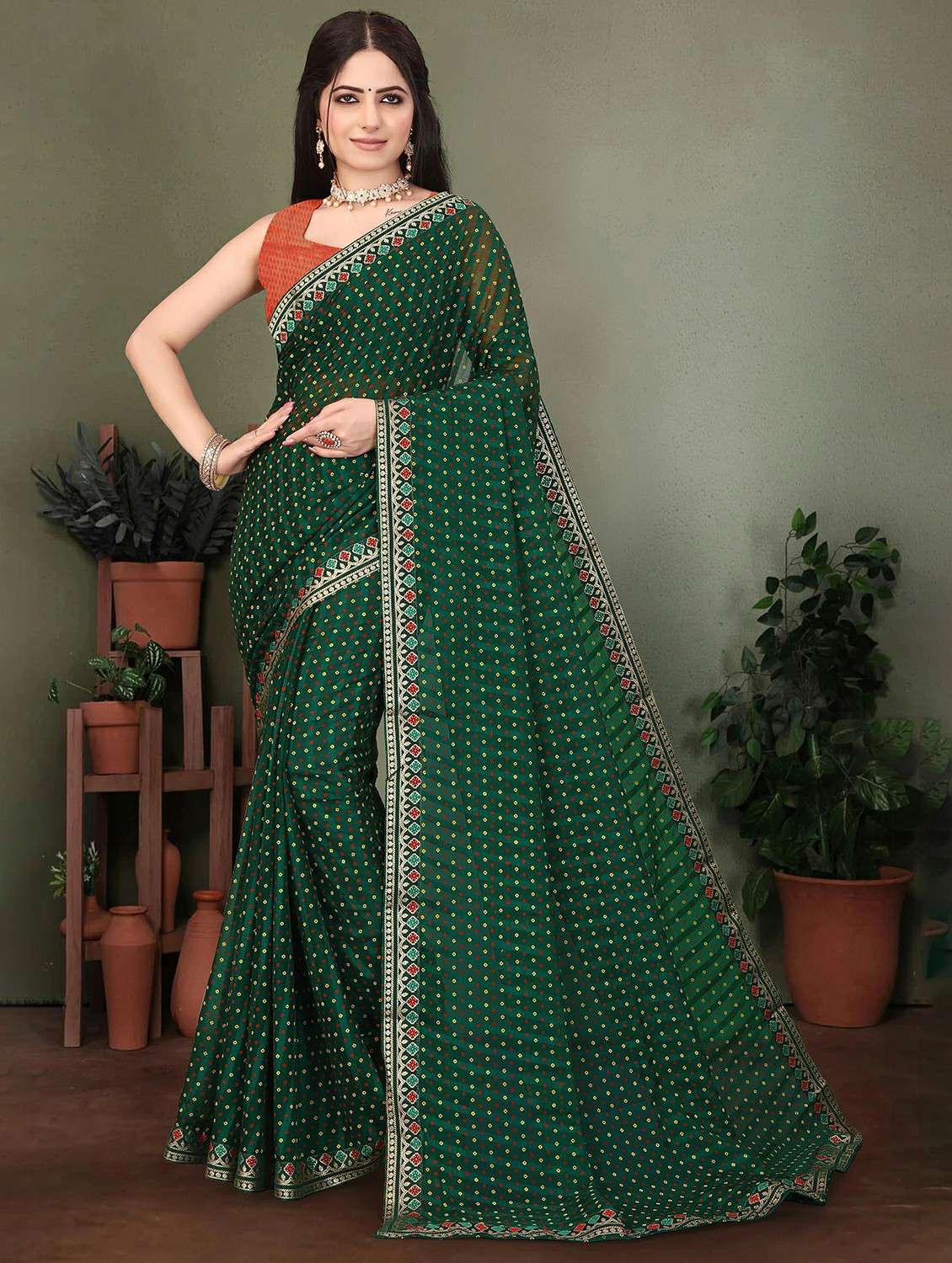 women bandhani printed saree with blouse