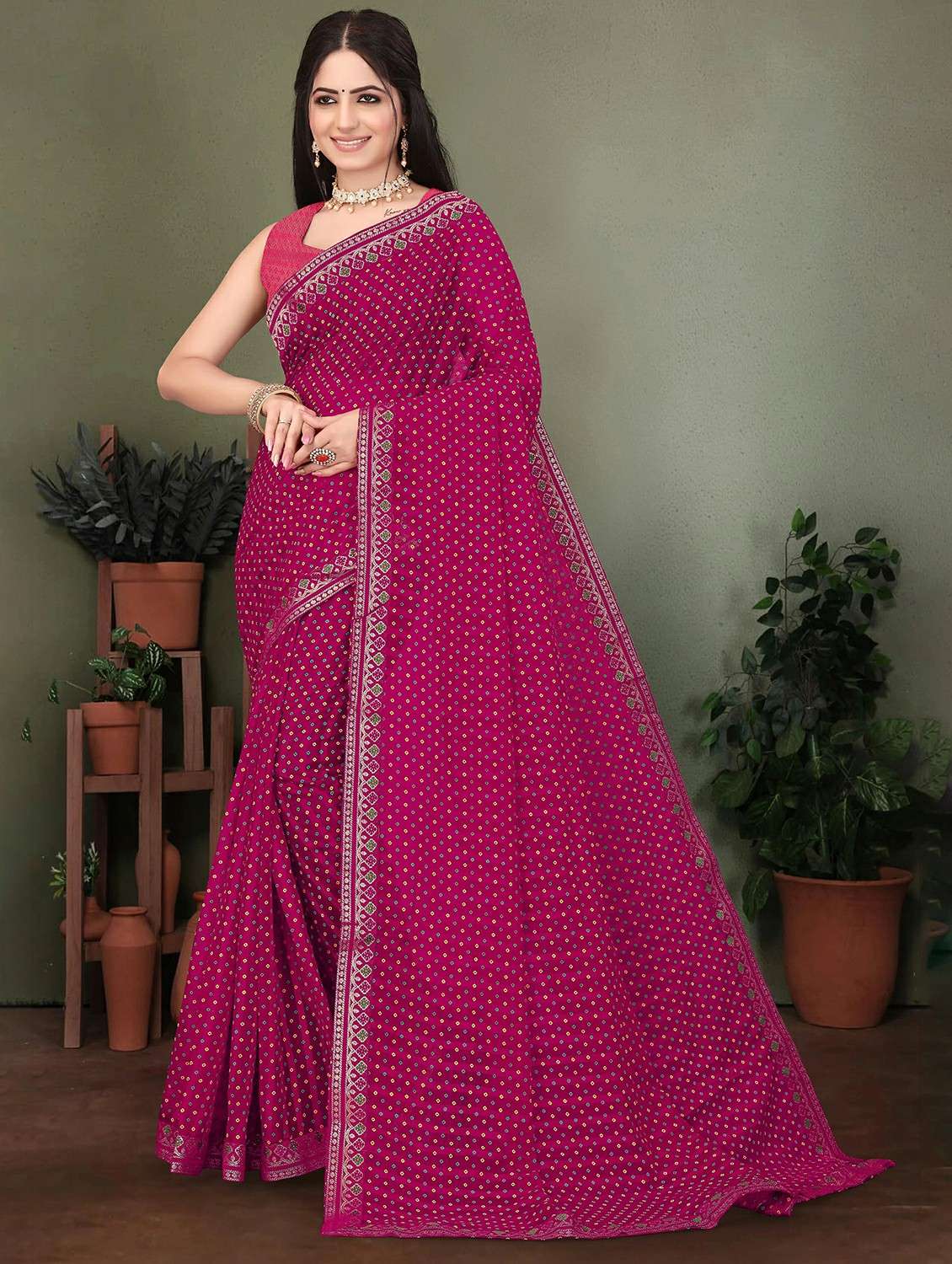 women bandhani printed saree with blouse