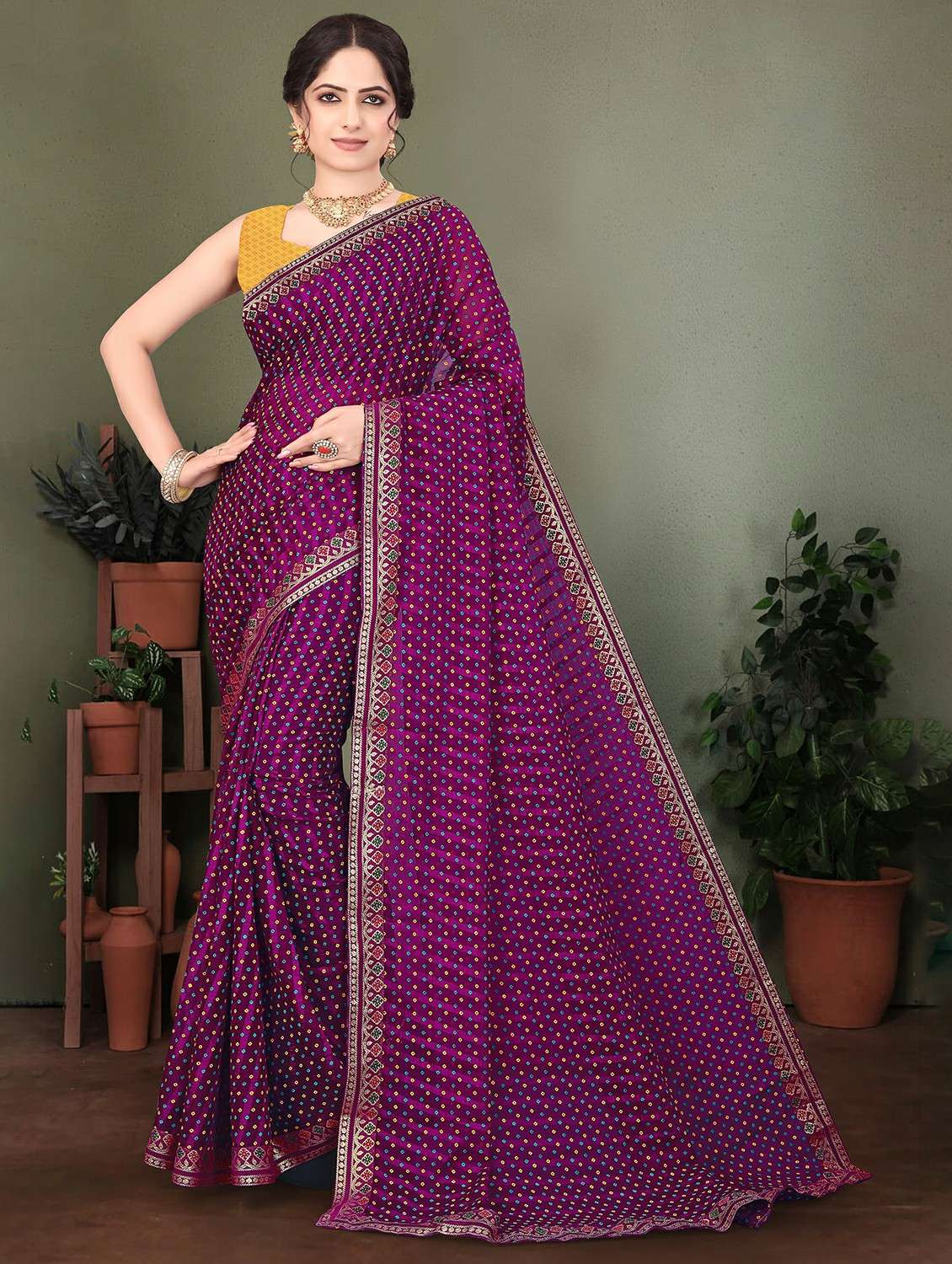 women bandhani printed saree with blouse