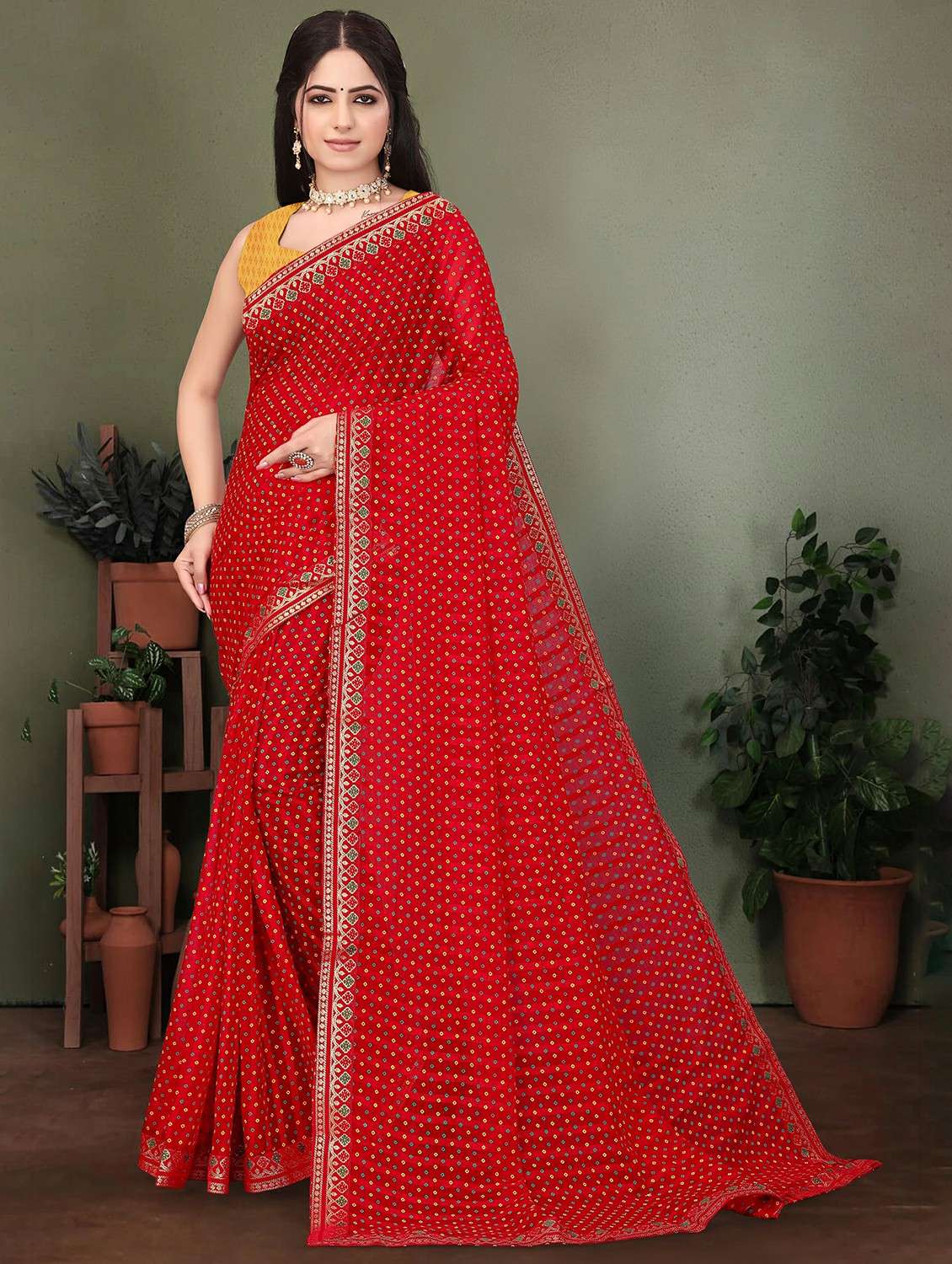 women bandhani printed saree with blouse
