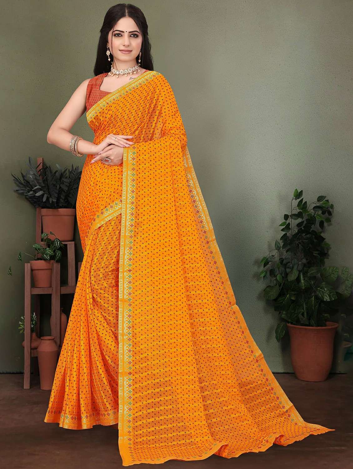 women bandhani printed saree with blouse
