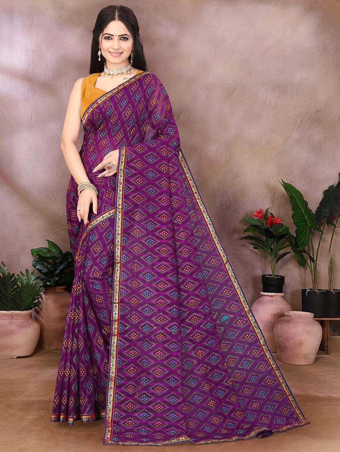 women bandhani printed saree with blouse
