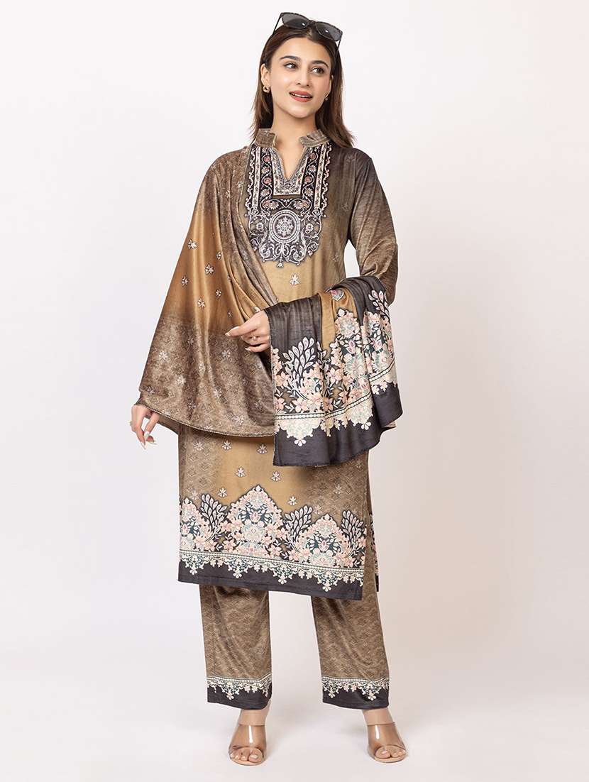 women printed long sleeve kurta pant with dupatta set