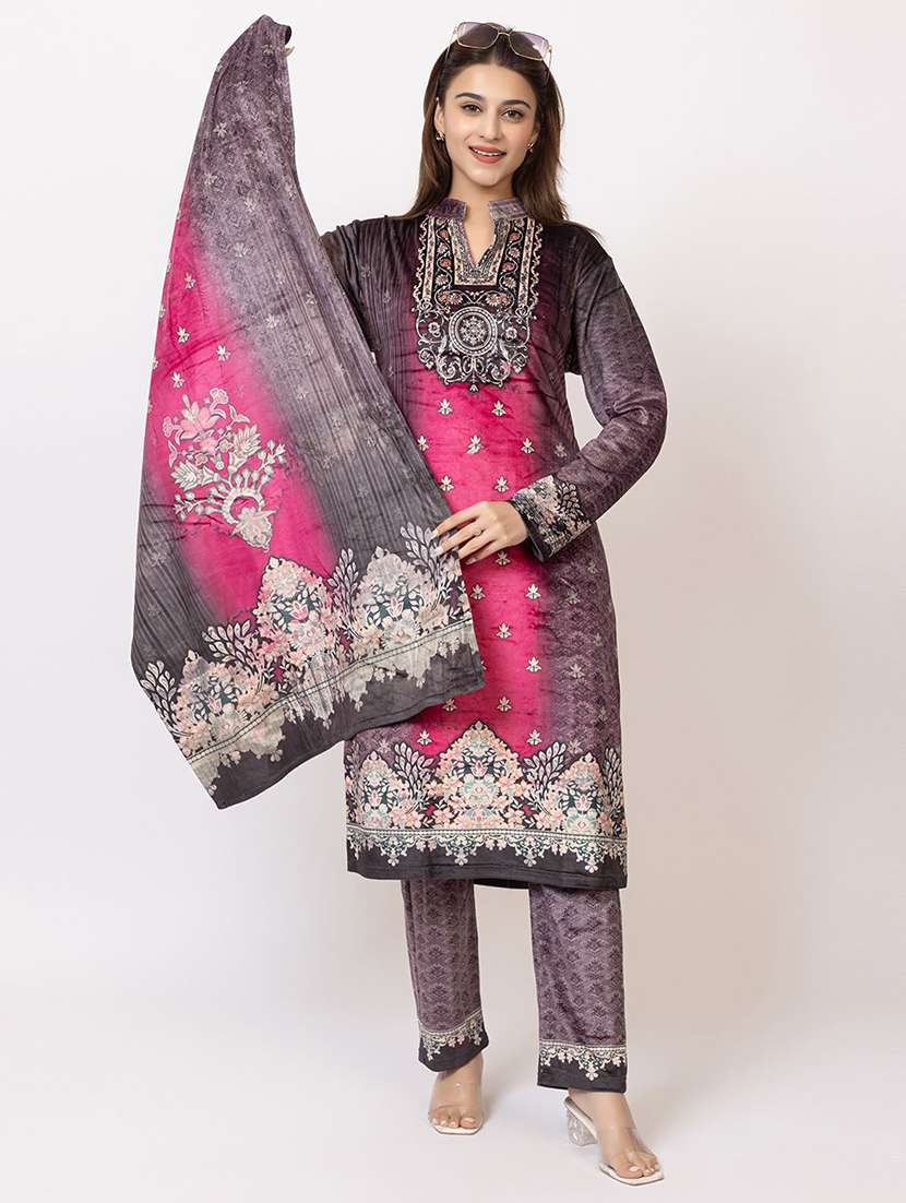 women printed long sleeve kurta pant with dupatta set