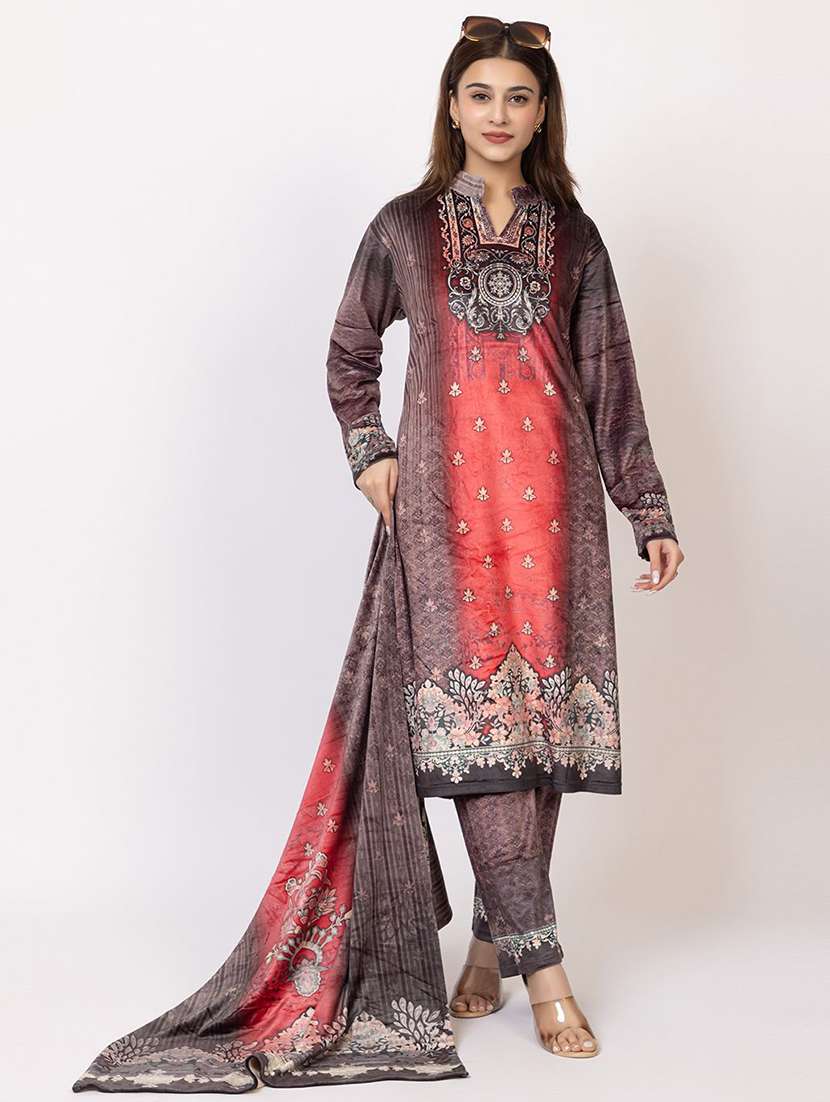 women printed long sleeve kurta pant with dupatta set
