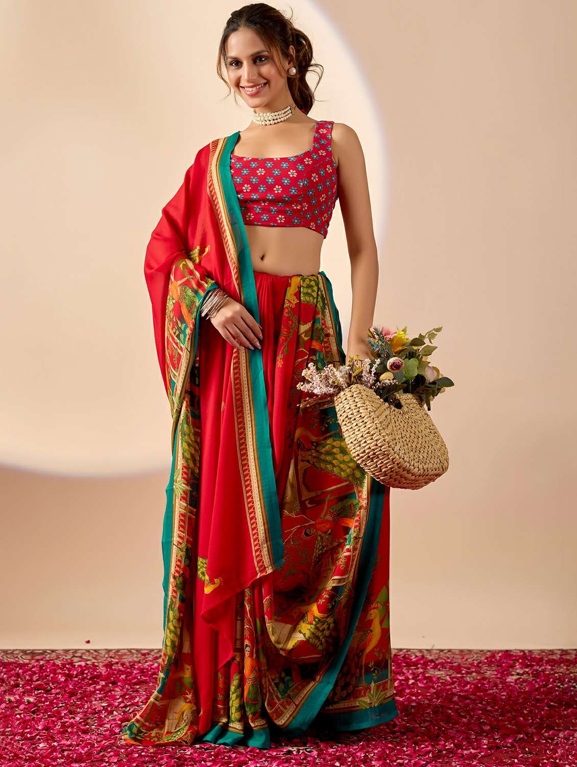 women printed ready to wear saree with blouse