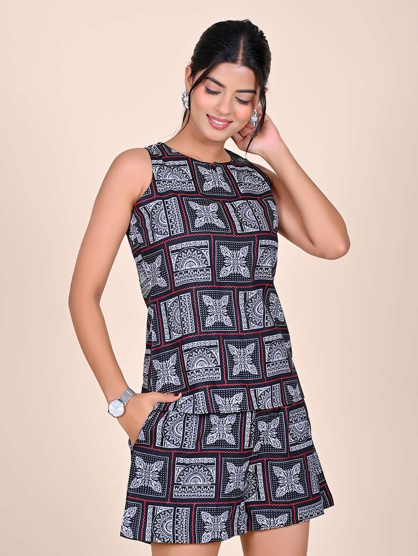 women printed sleeveless nightwear short set - 22244012 -  Standard Image - 3