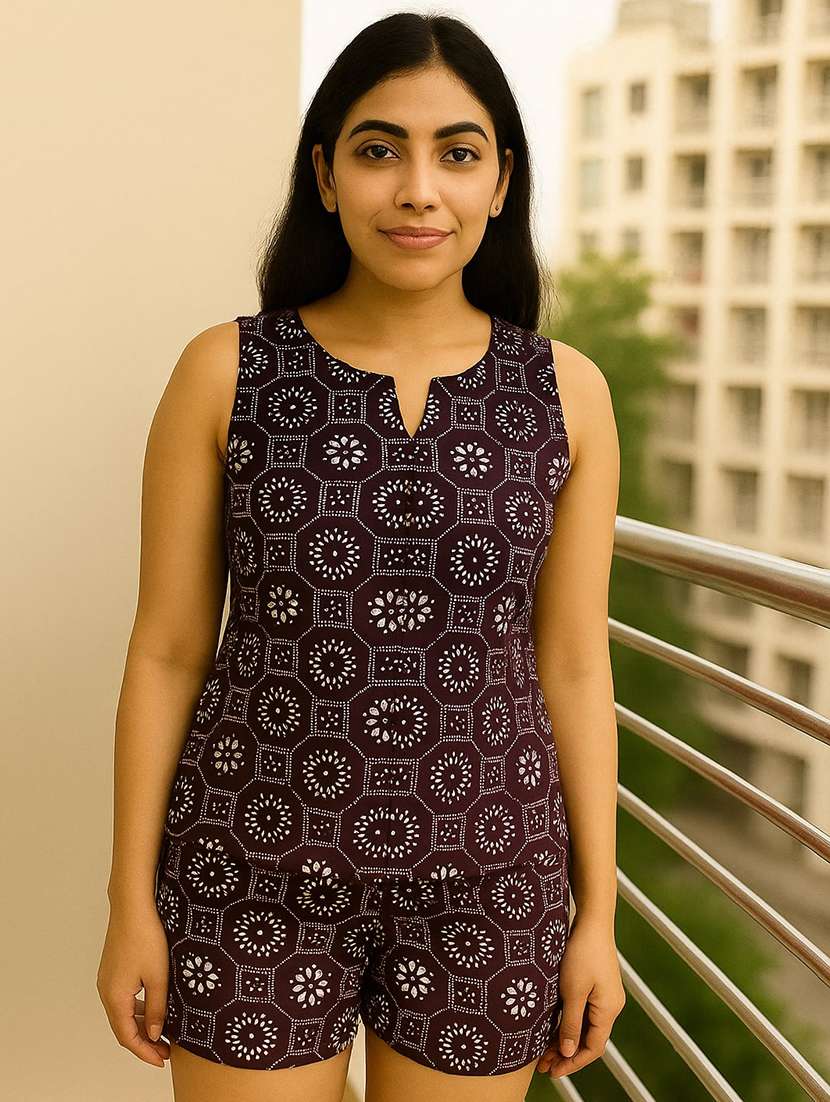 women printed sleeveless nightwear short set