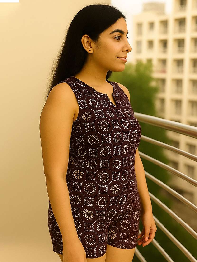 women printed sleeveless nightwear short set - 22244018 -  Standard Image - 3