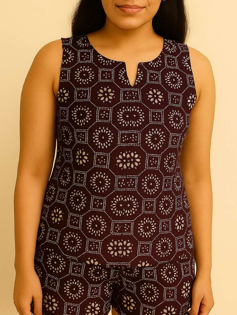 women printed sleeveless nightwear short set - 22244018 -  Standard Image - 5