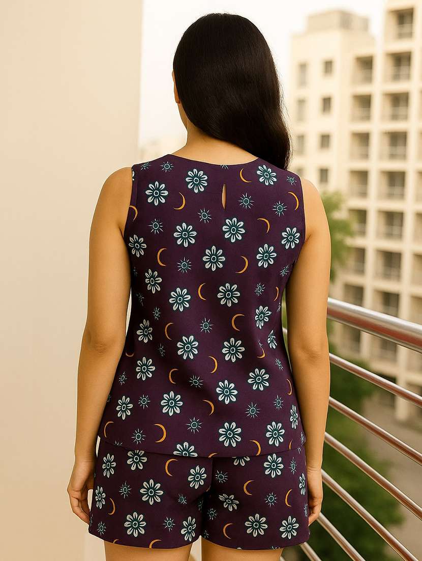 women printed sleeveless nightwear short set - 22244024 -  Standard Image - 3