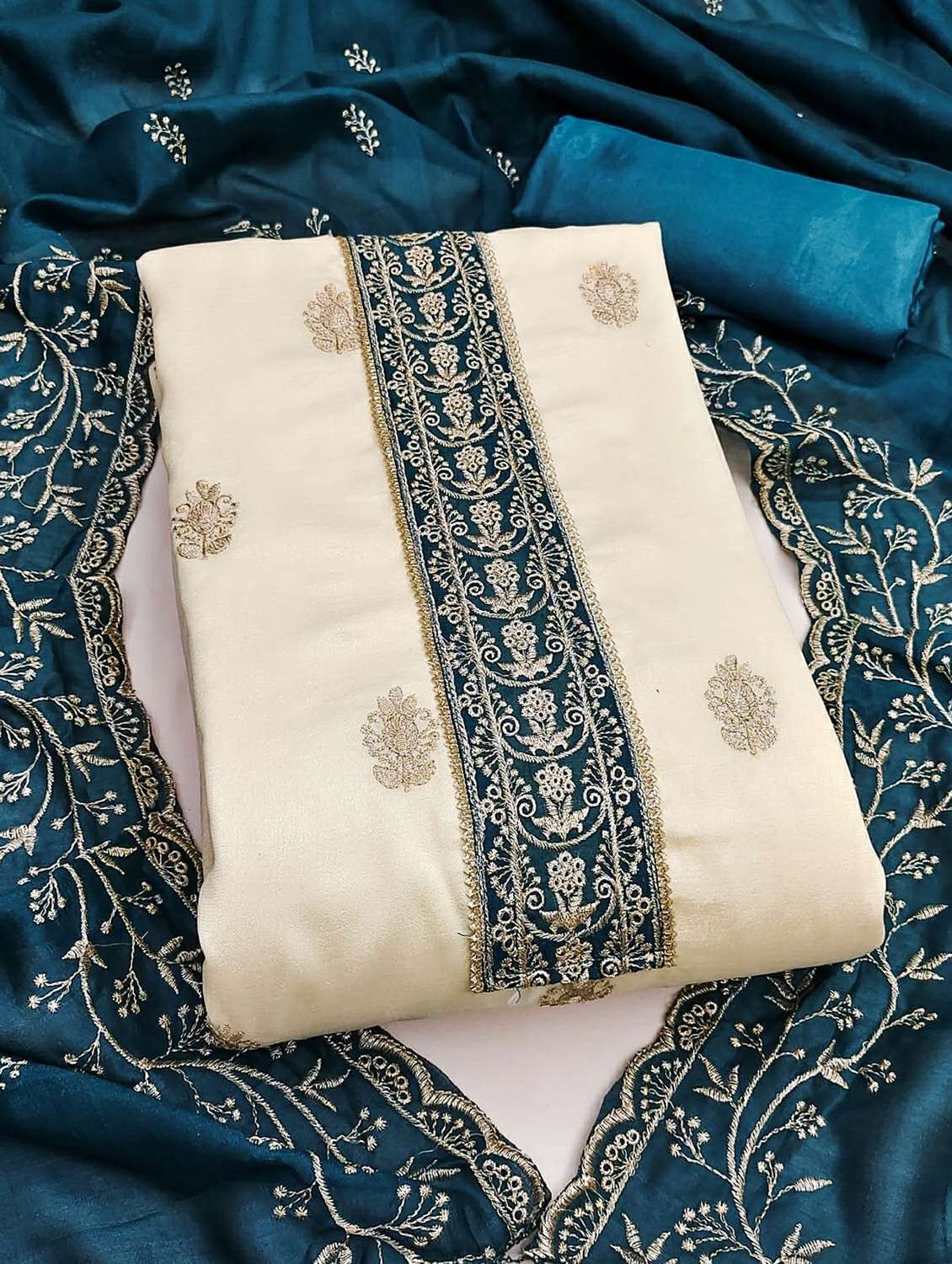 women solid with work unstitched suit set