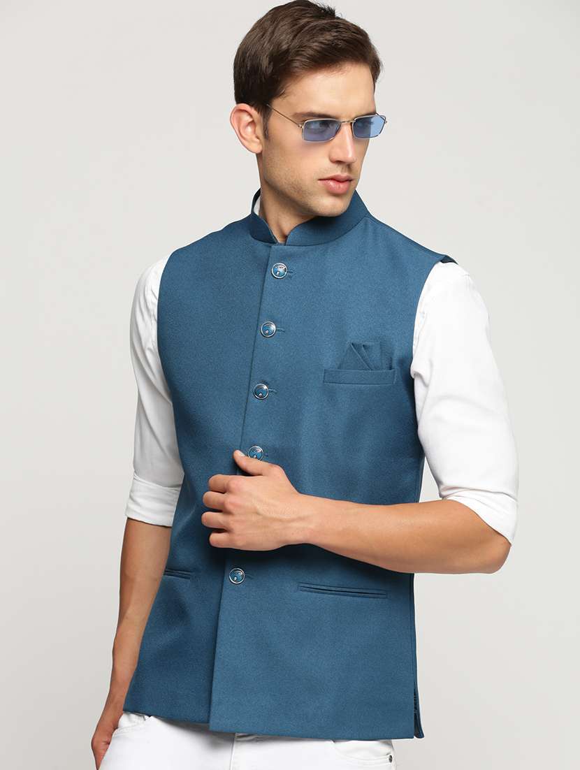 men solid mandarin neck regular fit nehru jacket