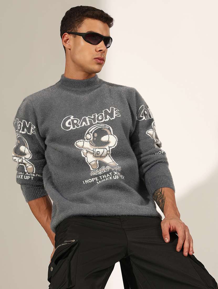men self design long sleeve regular fit pullover 