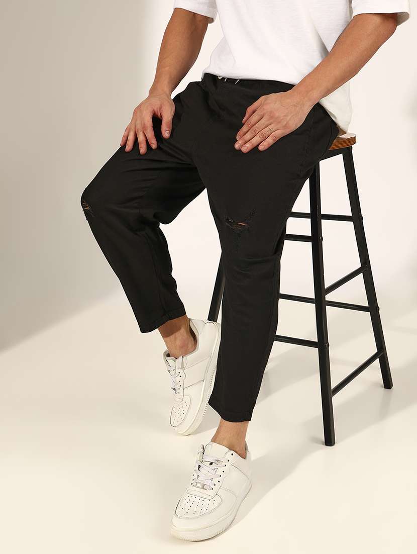 men solid mid rise distressed trouser