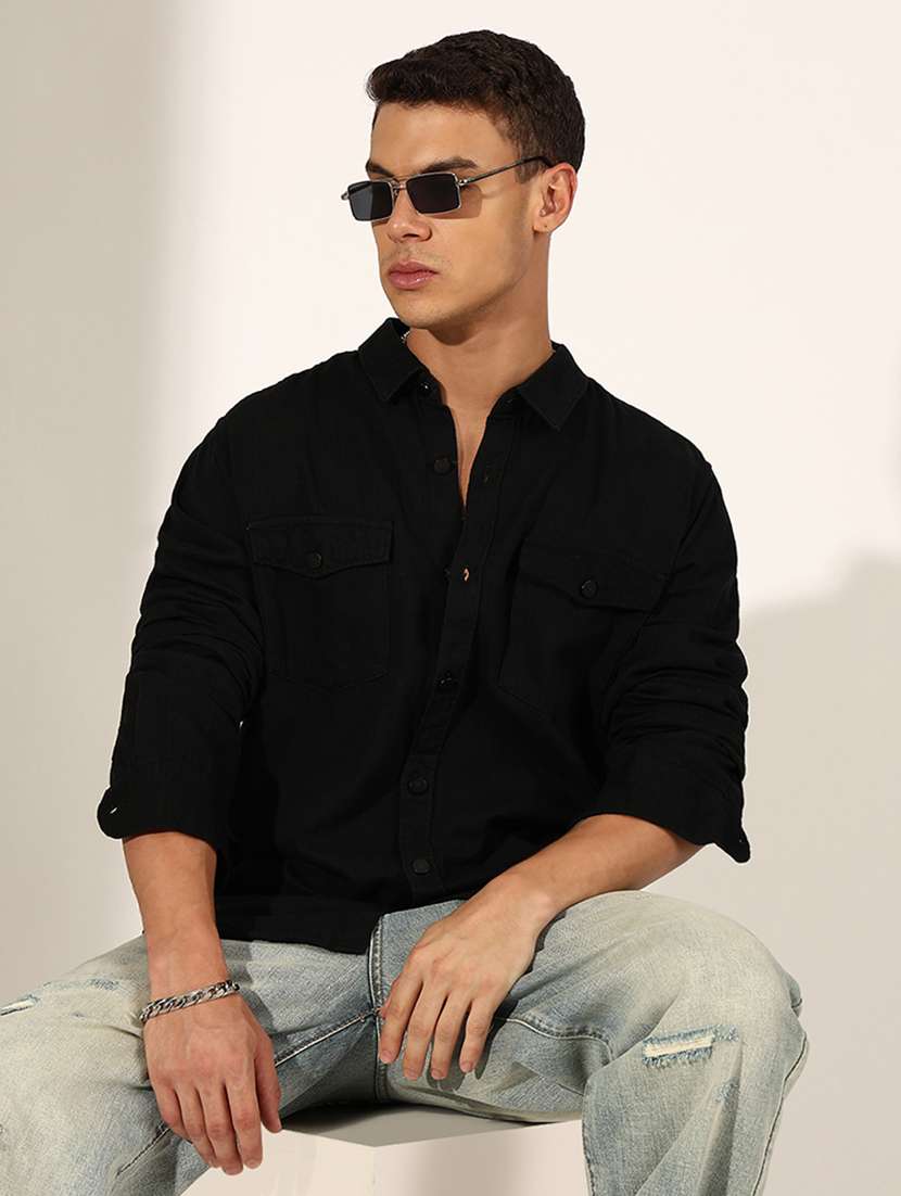 men solid long sleeve loose fit shirt