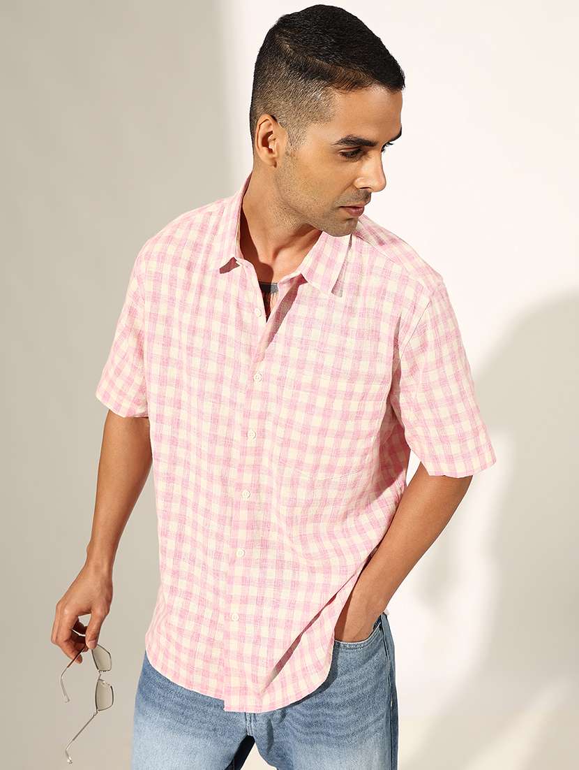 men checkered short sleeve loose fit shirt