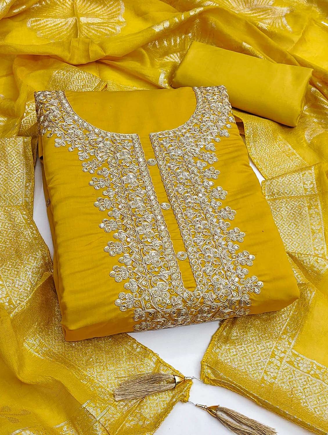 women solid with work unstitched suit set