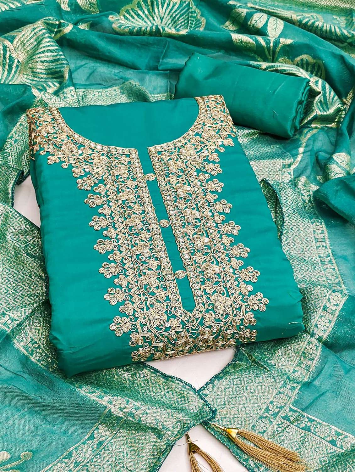 women solid with work unstitched suit set